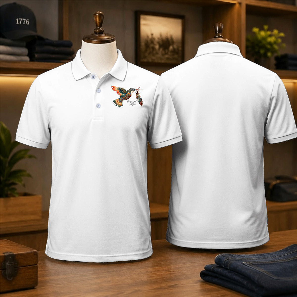Every Child Matters Hummingbird Feather Native American Polo Shirt