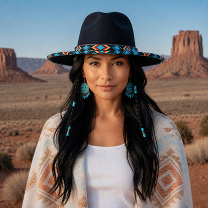 SALE 50% OFF - Dark Blue Pattern Fedora Hatband for Men Women Beaded Brim with Native American Style