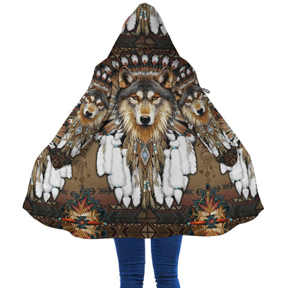Tribal Wolf Sherpa Dream Cloak  – Native-Inspired 3D Wolf Artwork, Thick Winter Hoodie Jacket,