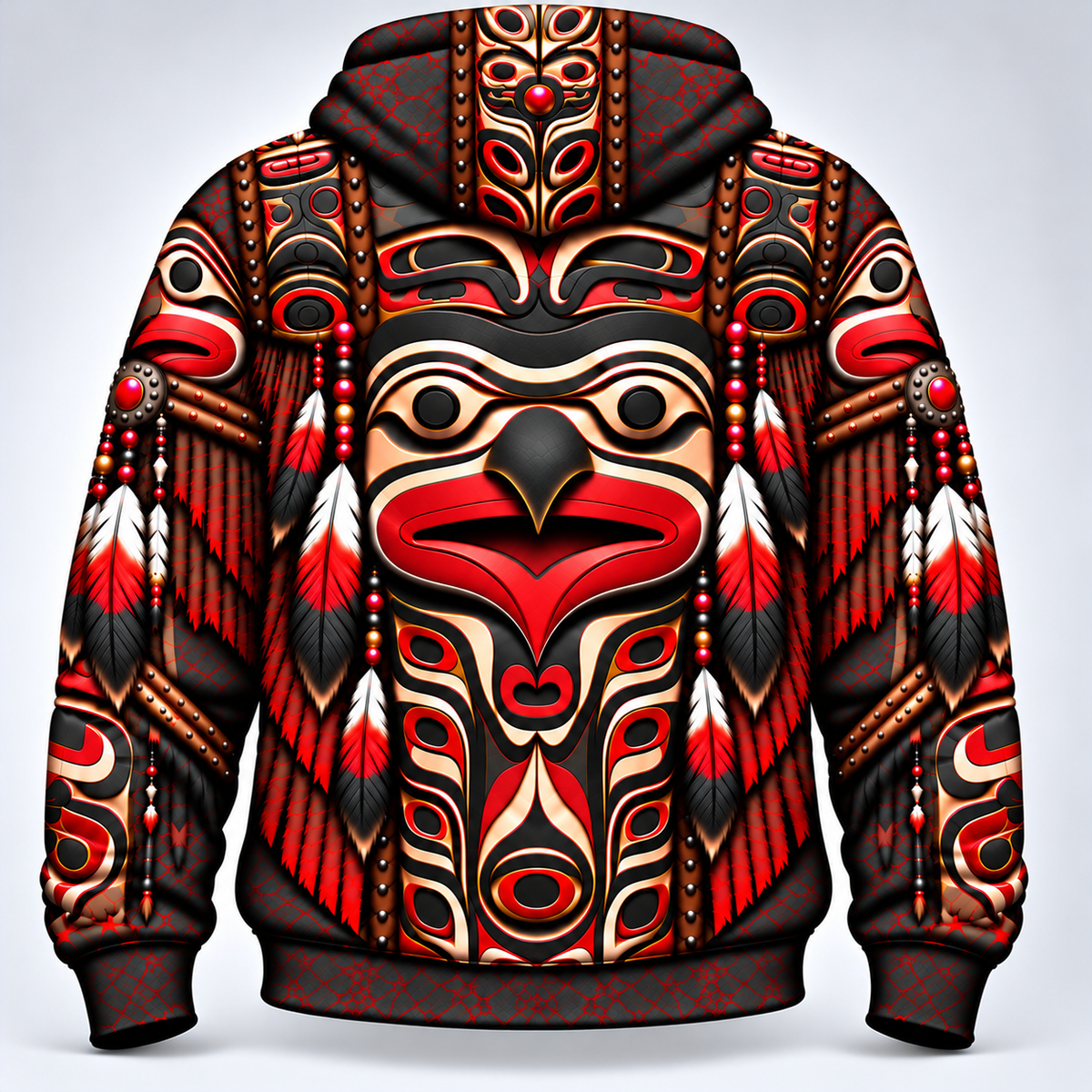 3D Fleece Jacket Haida Inspired Feather Tribal – Red Black Symbolic Art of Strength and Freedom