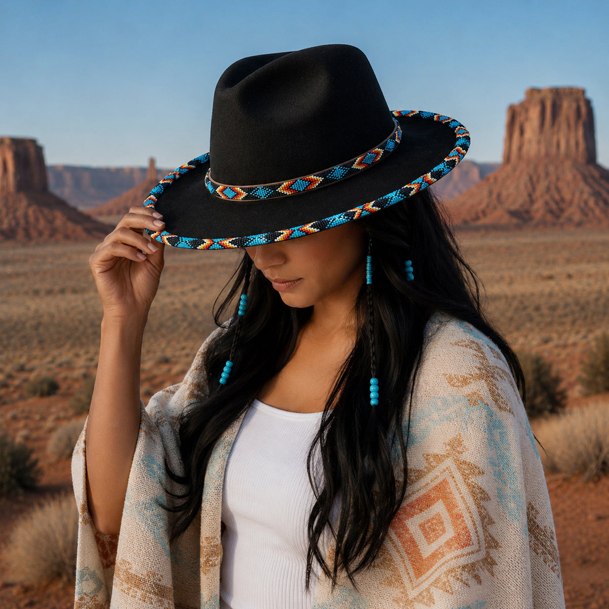 SALE 50% OFF - Dark Blue Pattern Fedora Hatband for Men Women Beaded Brim with Native American Style