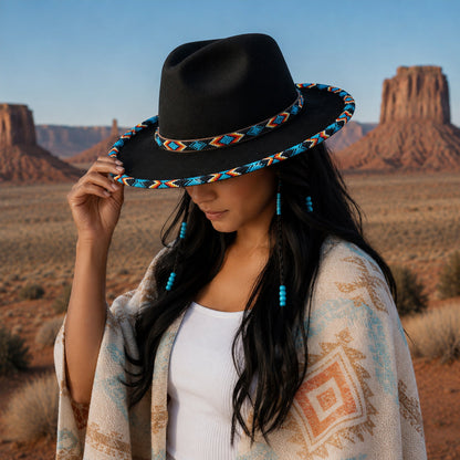 SALE 50% OFF - Dark Blue Pattern Fedora Hatband for Men Women Beaded Brim with Native American Style