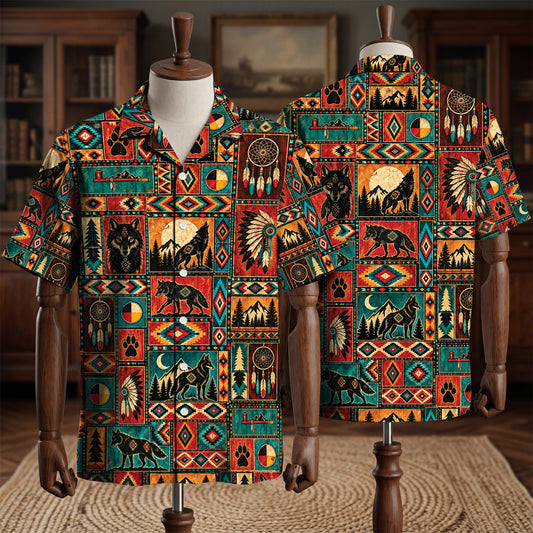 Men’s Western Wolf Aztec Hawaiian Shirt Mountain Native American Tribal Print Short Sleeve Button Up Shirt