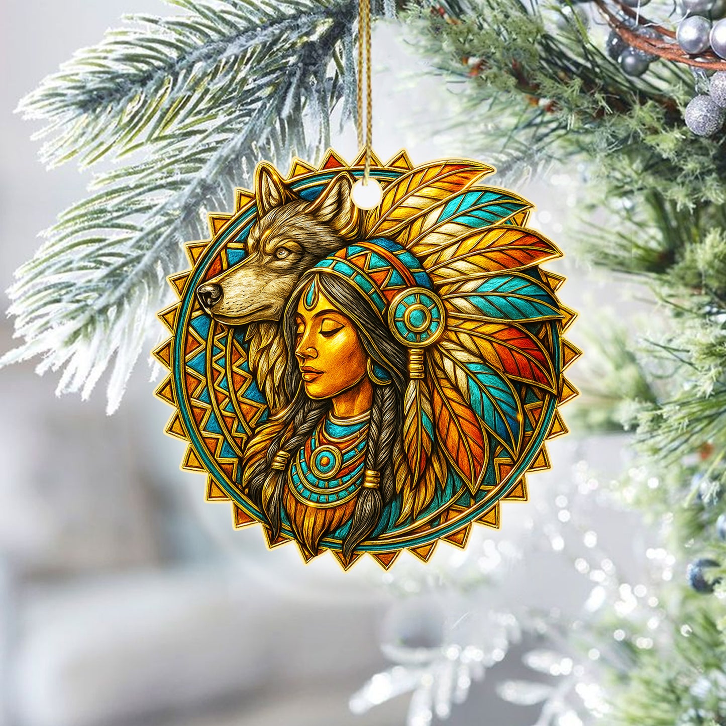 Spirit of the Wolf – Native Woman Ornament  Acrylic  Symbolizing Strength, Wisdom, and the Power of Connection