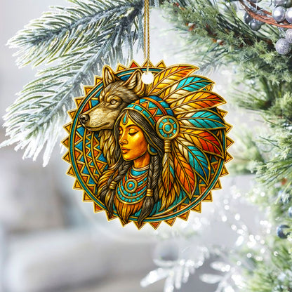 Spirit of the Wolf – Native Woman Ornament  Acrylic  Symbolizing Strength, Wisdom, and the Power of Connection
