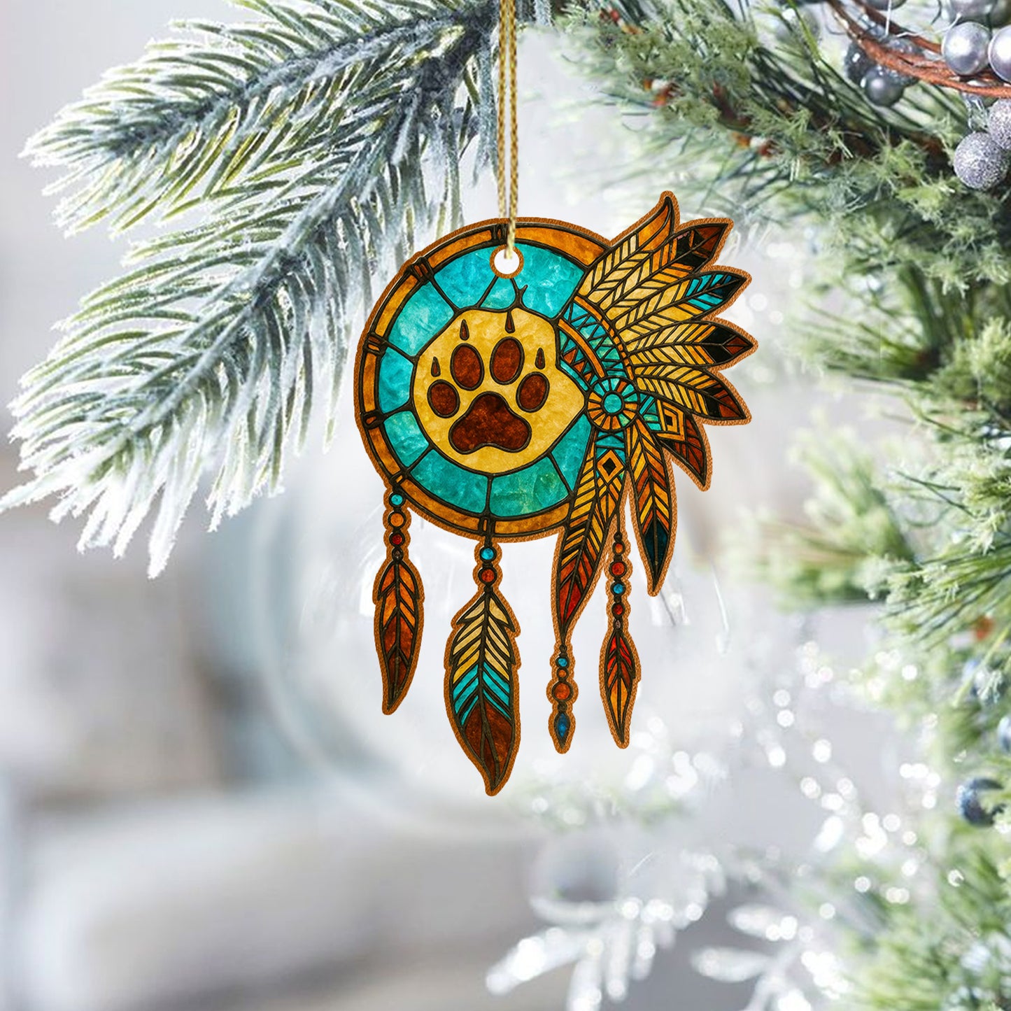 Turquoise Paw Print Dreamcatcher – Boho Stained Glass Christmas Ornament Acrylic