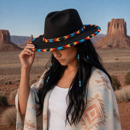 Black Dusk Pattern Fedora Hatband for Men Women Beaded Brim with Native American Style