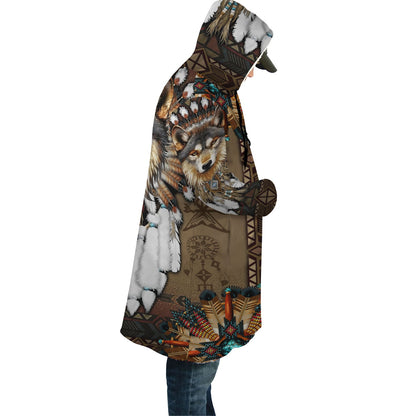Tribal Wolf Sherpa Dream Cloak  – Native-Inspired 3D Wolf Artwork, Thick Winter Hoodie Jacket,