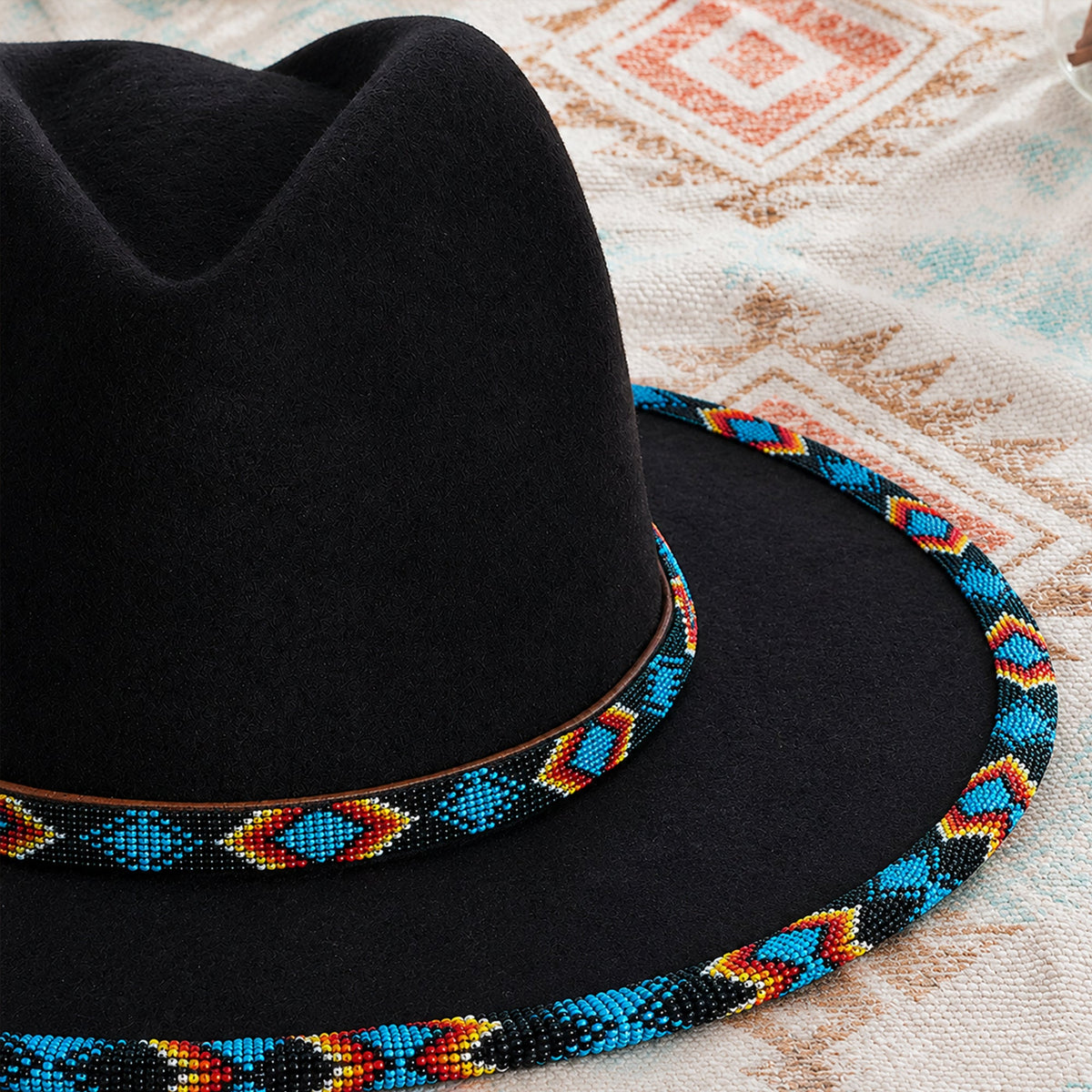 SALE 50% OFF - Dark Blue Pattern Fedora Hatband for Men Women Beaded Brim with Native American Style