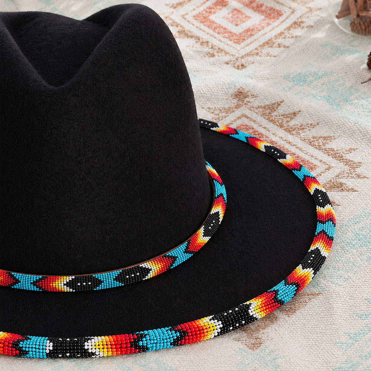 Black Dusk Pattern Fedora Hatband for Men Women Beaded Brim with Native American Style