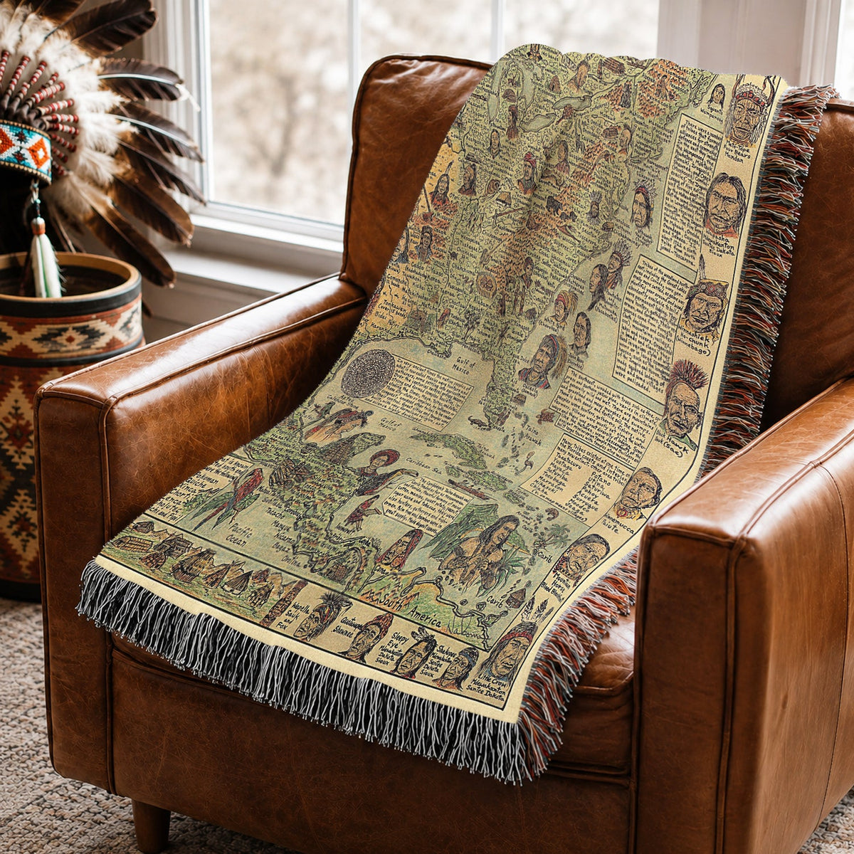 Native American Map Woven Throw Blanket - Tribal Heritage Blanket