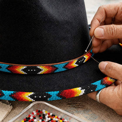 Black Dusk Pattern Fedora Hatband for Men Women Beaded Brim with Native American Style
