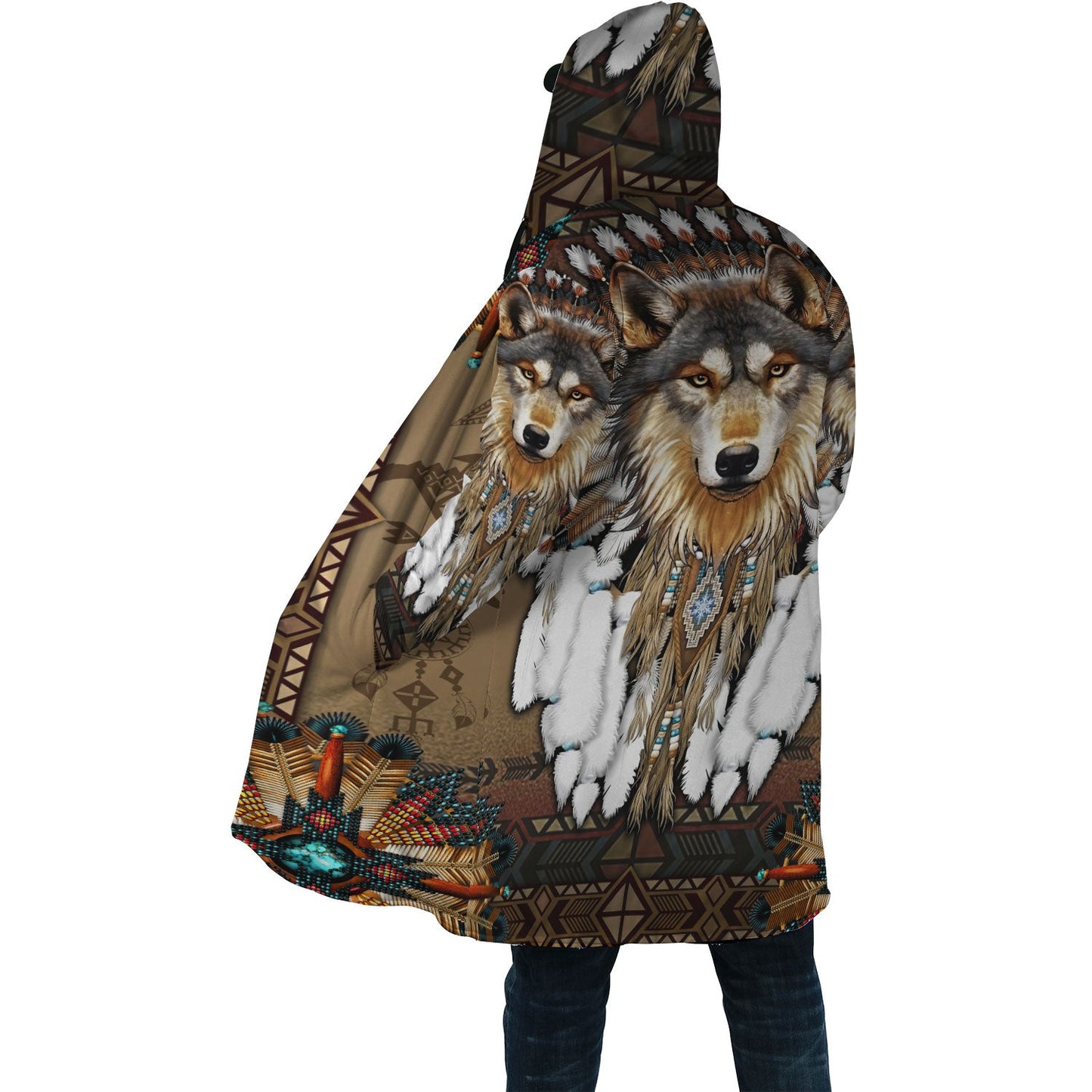 Tribal Wolf Sherpa Dream Cloak  – Native-Inspired 3D Wolf Artwork, Thick Winter Hoodie Jacket,