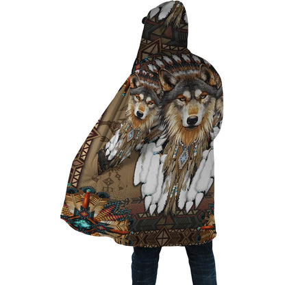 Tribal Wolf Sherpa Dream Cloak  – Native-Inspired 3D Wolf Artwork, Thick Winter Hoodie Jacket,