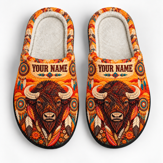 Personalized Slippers Gift - Native American Buffalo Tribal Slippers Southwestern Aztec Boho Dreamcatcher Feather Cozy House Shoes