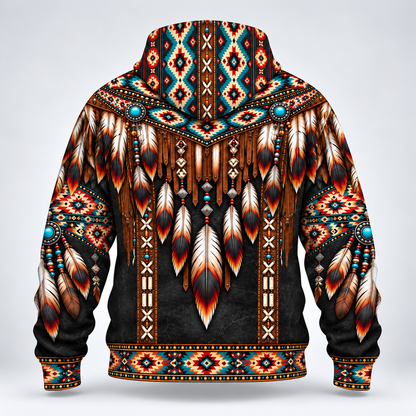 3D Fleece Jacket  Native American Dreamcatcher Feather Turquoise Leather Tribal Heritage Southwestern Geometric Pattern