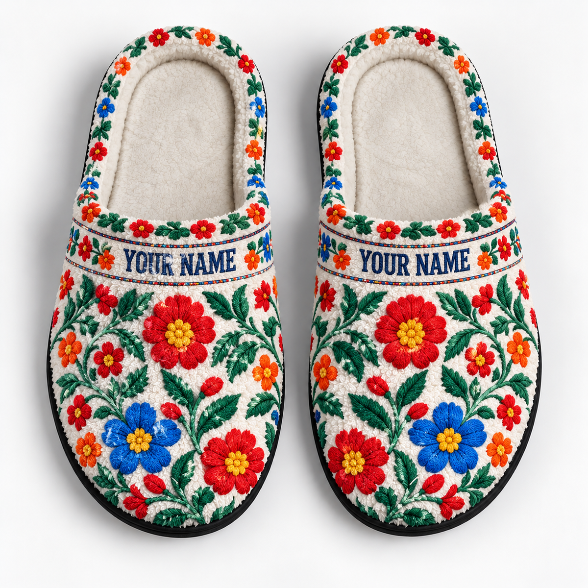 Personalized Slippers Gift - Floral Embroidery Boho Colorful Flower Garden Cozy House Slippers