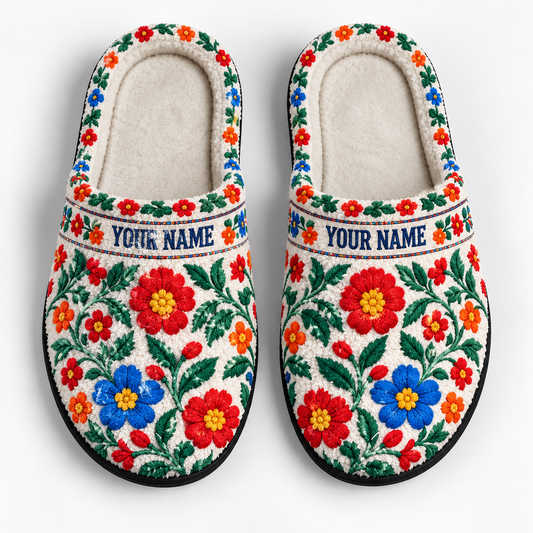 Personalized Slippers Gift - Floral Embroidery Boho Colorful Flower Garden Cozy House Slippers