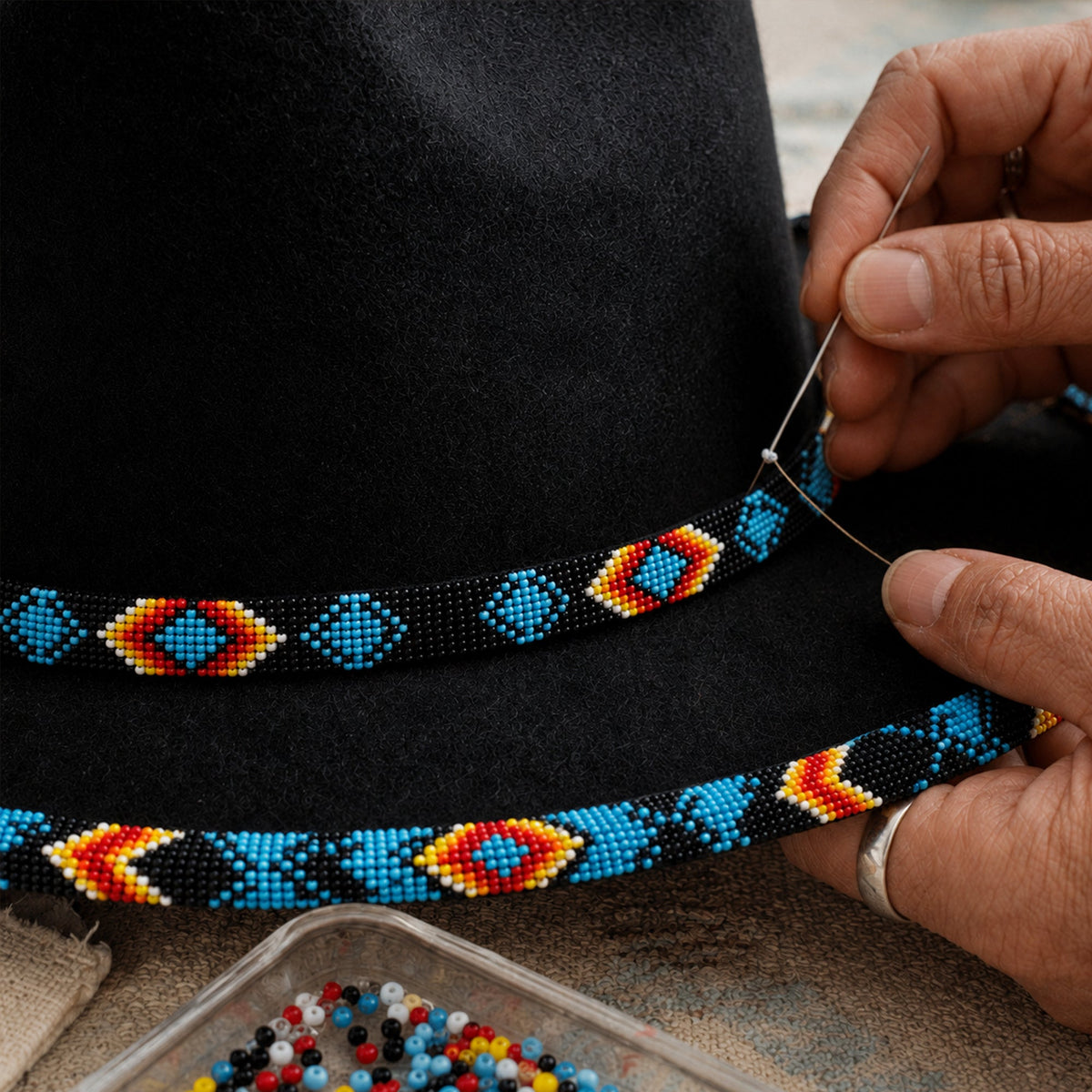 SALE 50% OFF - Dark Blue Pattern Fedora Hatband for Men Women Beaded Brim with Native American Style