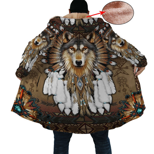 Tribal Wolf Sherpa Dream Cloak  – Native-Inspired 3D Wolf Artwork, Thick Winter Hoodie Jacket,