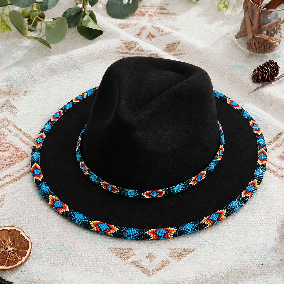 SALE 50% OFF - Dark Blue Pattern Fedora Hatband for Men Women Beaded Brim with Native American Style