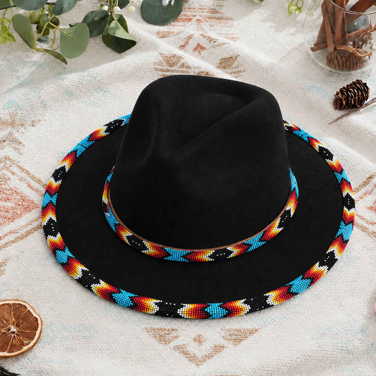 Black Dusk Pattern Fedora Hatband for Men Women Beaded Brim with Native American Style
