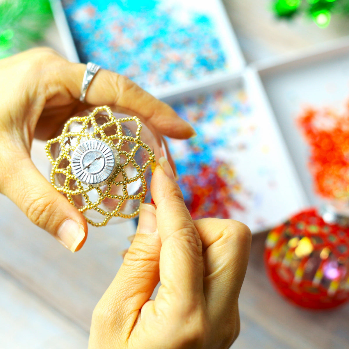 Sparkly Handmade Beaded Ornament with Luminous Lights - Holiday Decor & Gifts