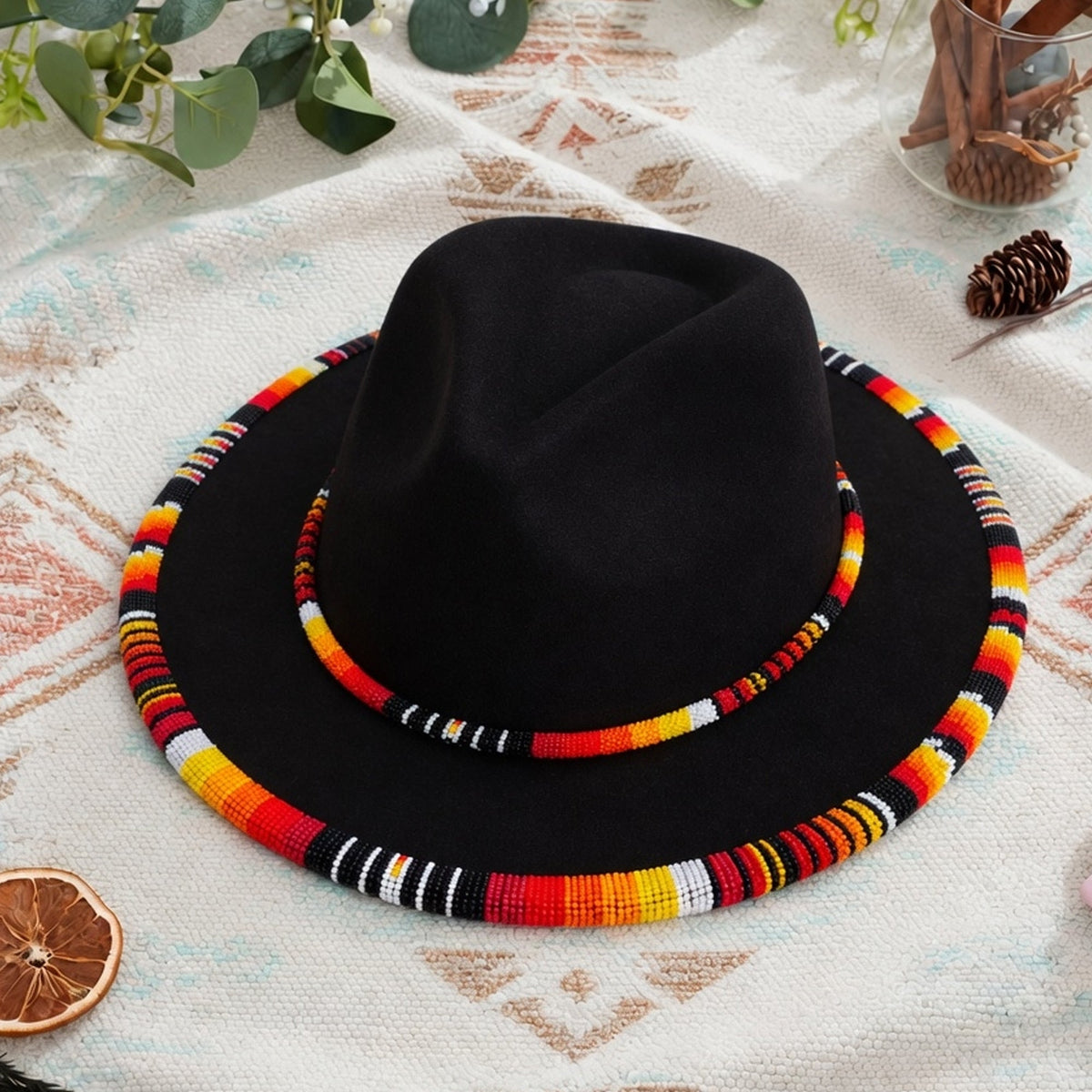 Orange Line Pattern Beaded Fedora Hatband for Men Women Beaded Brim with Native American Style