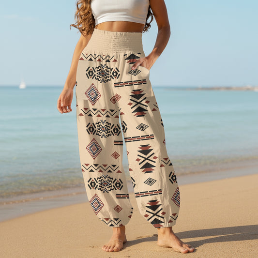 Boho Harem Pants – Beige with Tribal Aztec Print