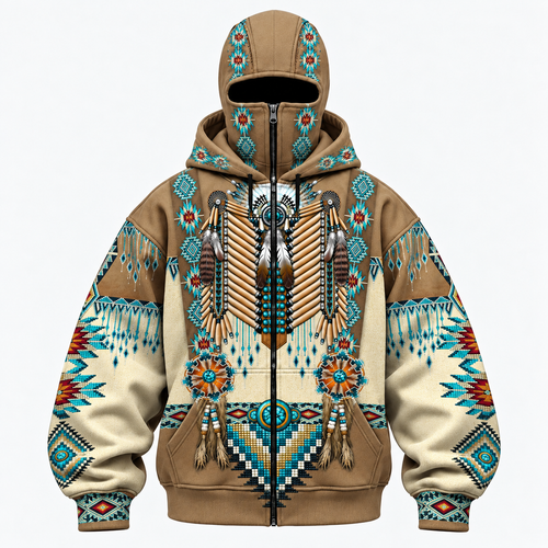 3D Balaclava Zip Hoodie Tribal Beaded Headdress Hoodie – Turquoise & Feather Pattern