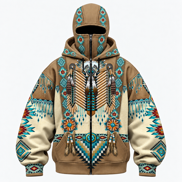 3D Balaclava Zip Hoodie Tribal Beaded Headdress Hoodie – Turquoise & Feather Pattern