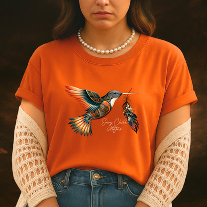 Every Child Matters Orange Hummingbird Feather Shirt And Indigenous Awareness Tee - Two Sides