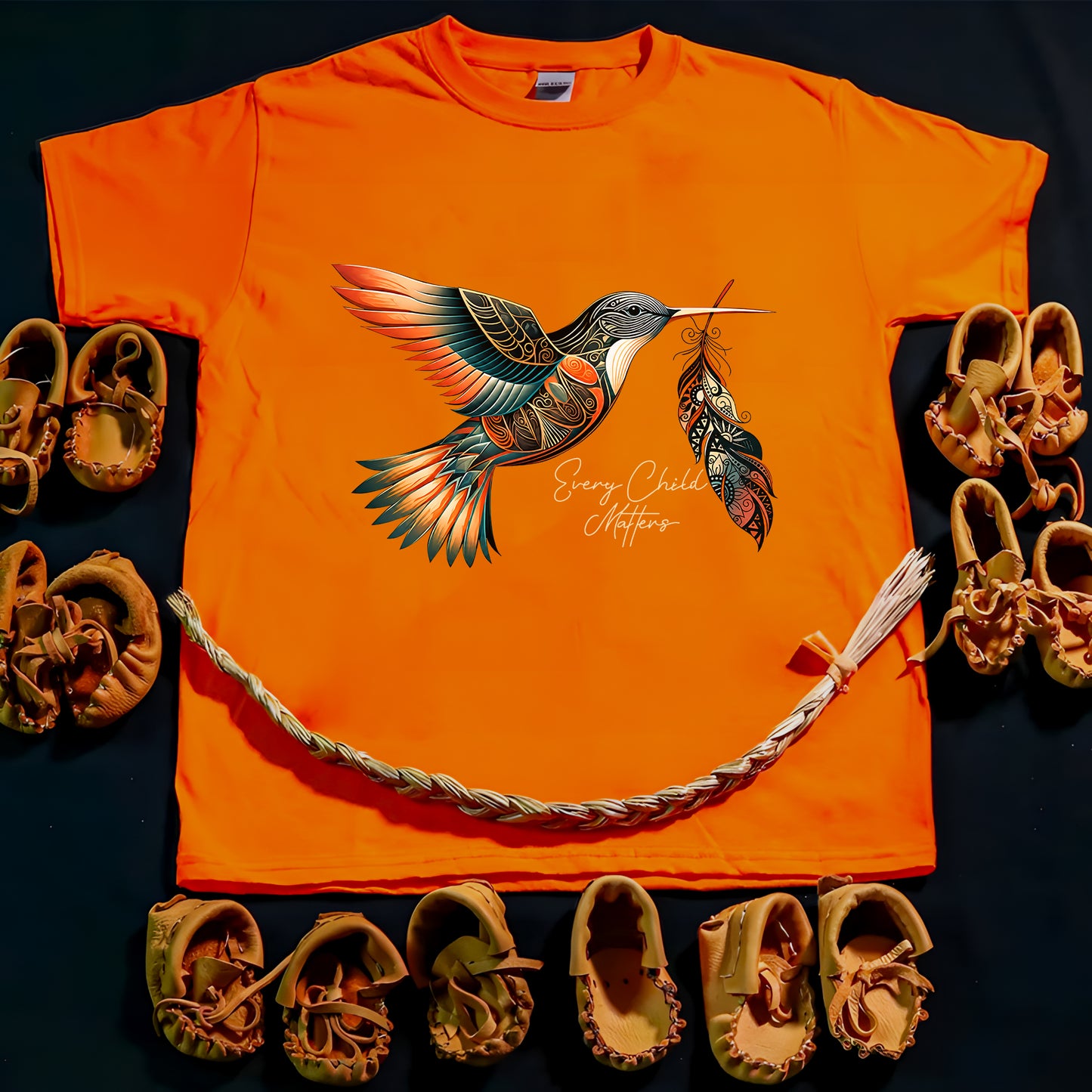 Every Child Matters Orange Hummingbird Feather Shirt And Indigenous Awareness Tee - Two Sides