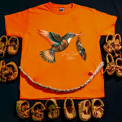 Every Child Matters Orange Hummingbird Feather Shirt And Indigenous Awareness Tee - Two Sides