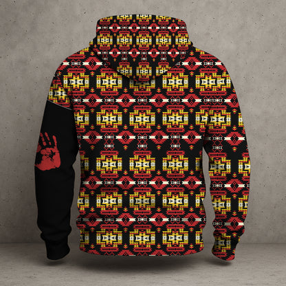 Tribal Feather Hoodie – Bold Red & Geometric Patterns & MMIW