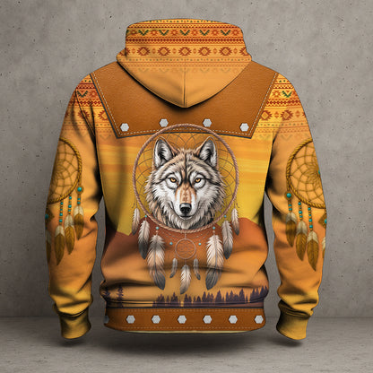 Tribal Dreamcatcher – Golden Horizon Hoodie with Sacred Mountain Motif