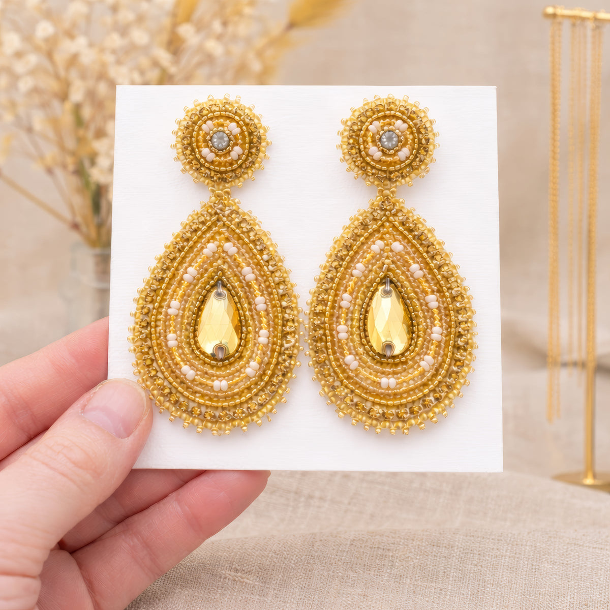 Handmade Beaded Teardrop Shape Post Gold Earrings