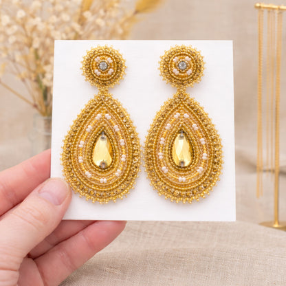 Handmade Beaded Teardrop Shape Post Gold Earrings