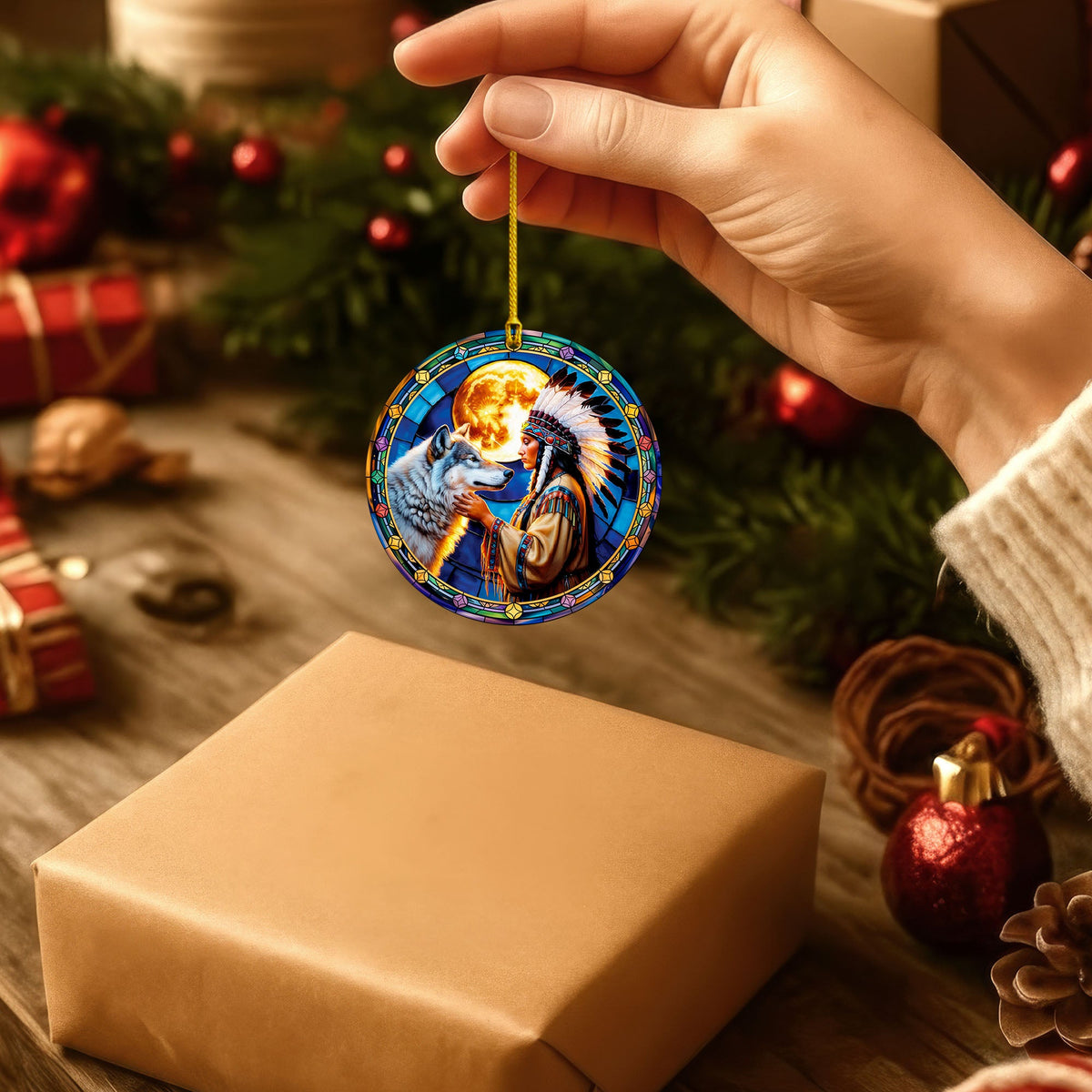 Native American Woman and Wolf Full Moon Christmas Tree Decor Flat Acrylic