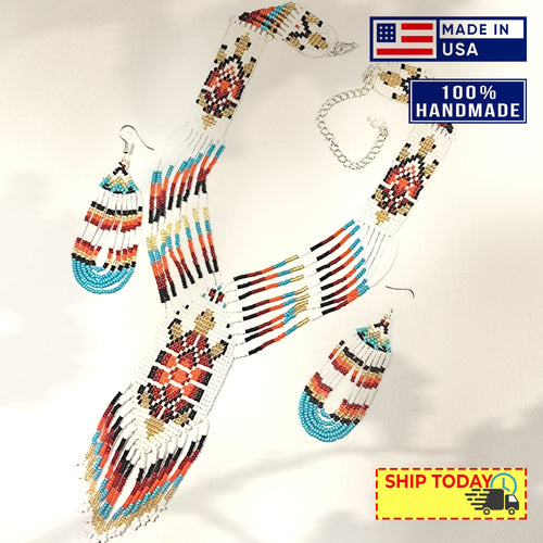 Turtle Beadwork Red Golden White Beaded Lariat Necklace Earrings Set