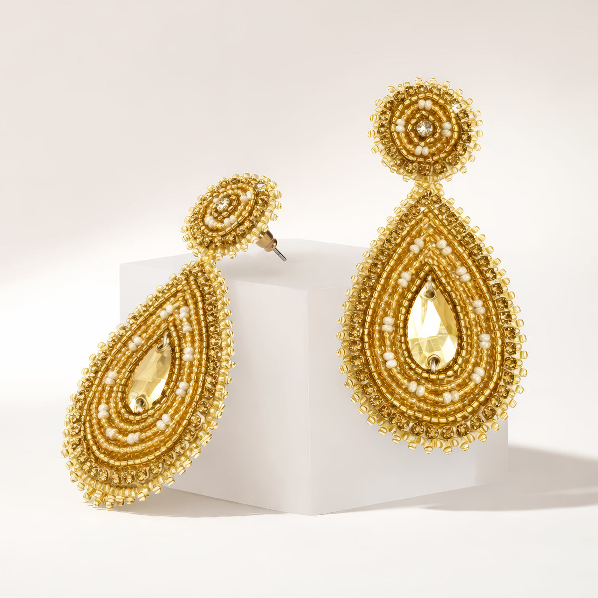 Handmade Beaded Teardrop Shape Post Gold Earrings