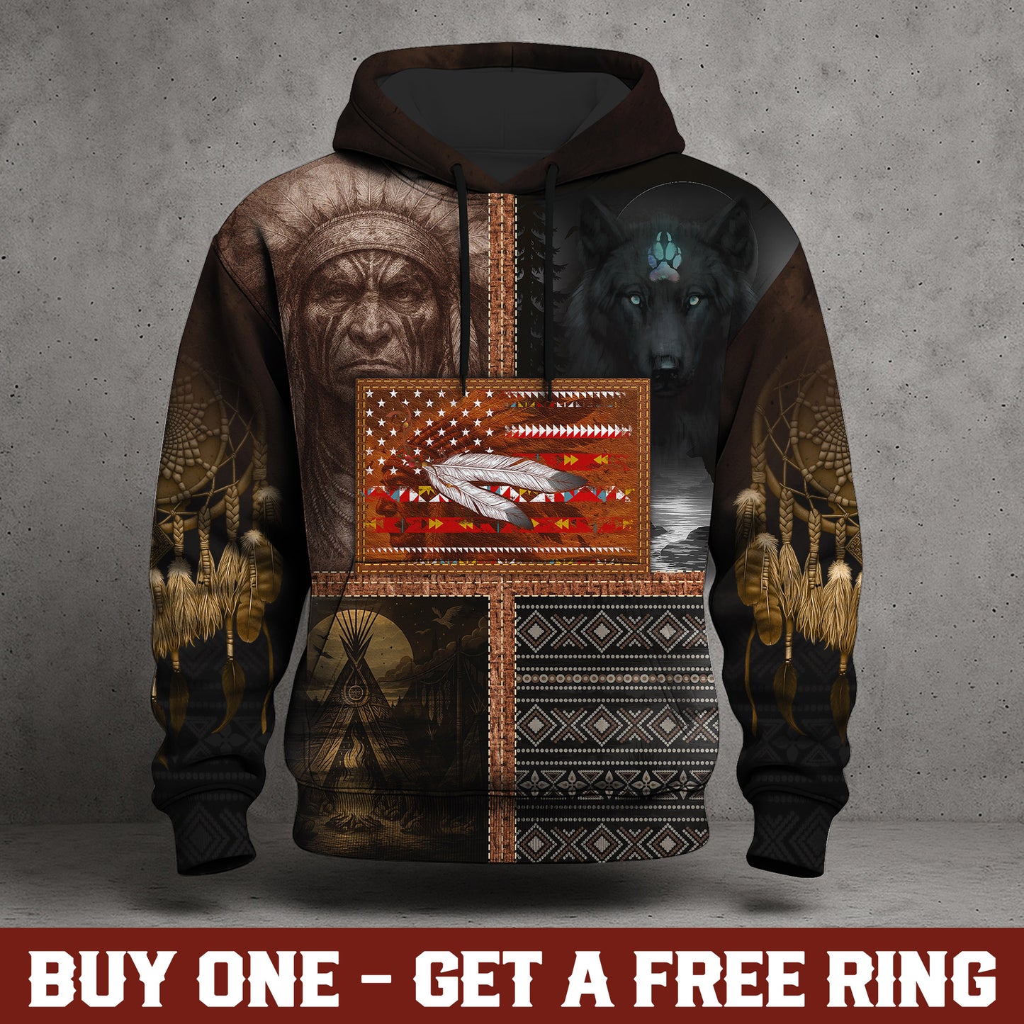 Warrior & Wolf Spirit – Tribal Heritage Hoodie (Brown & Black Pattern)