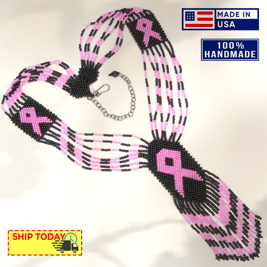 Black Seed Beads Pink Ribbon Cancer Awareness Beaded Necklace Earrings Set