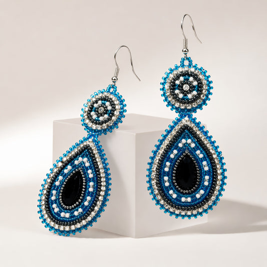 Handmade Beaded Teardrop Czech Blue Gray Earrings