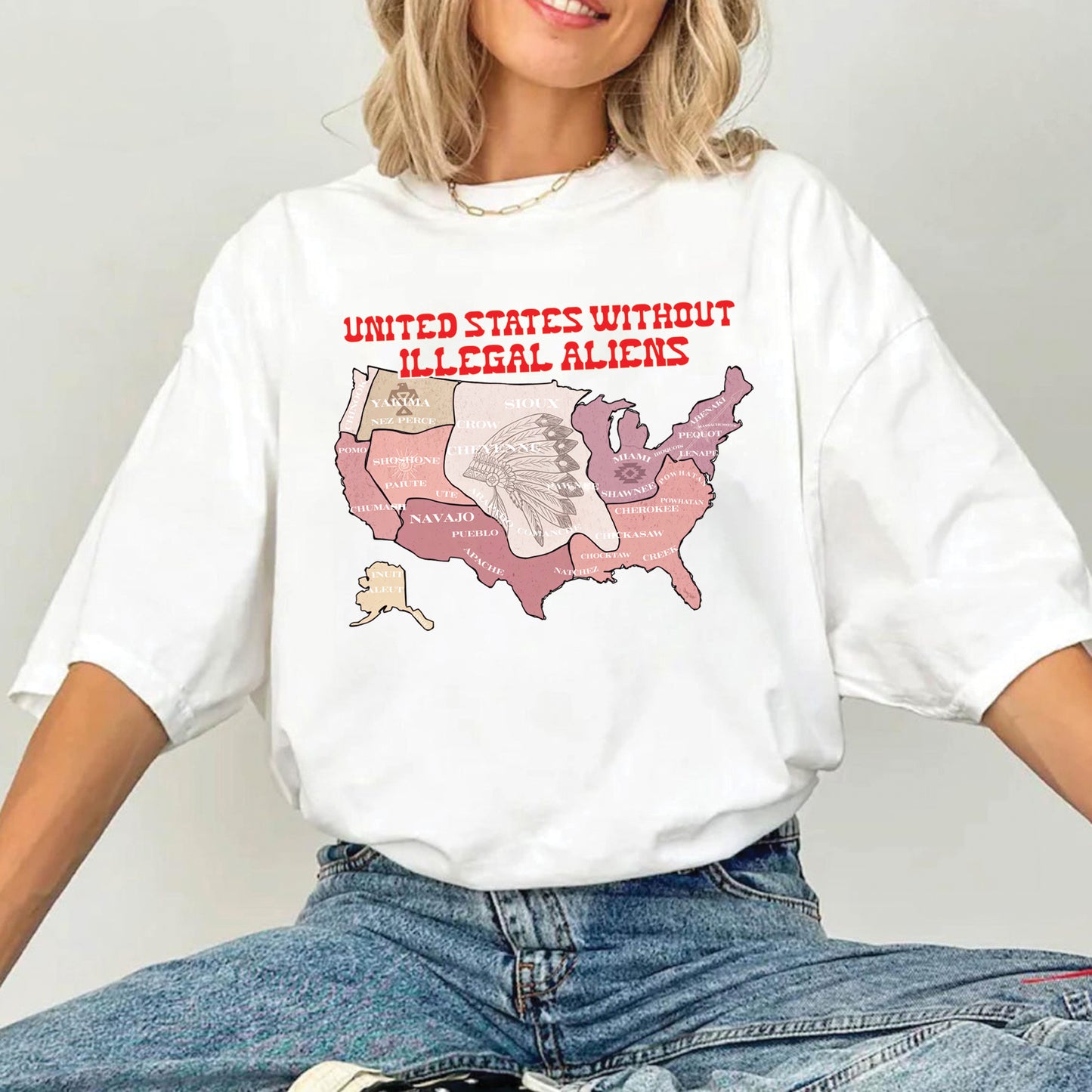 United States Without Illegal Aliens - Unisex T-shirt/T-shirt V-Neck/Hoodie/Sweatshirt - NO ONE IS ILLEGAL ON STOLEN LAND