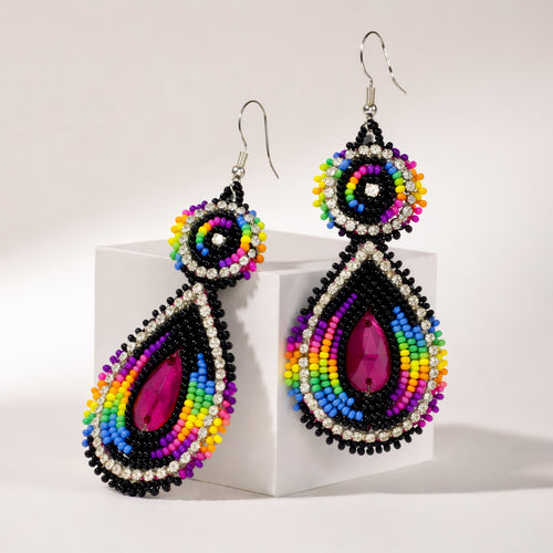 Handmade Beaded Teardrop Czech Purple Black Earrings