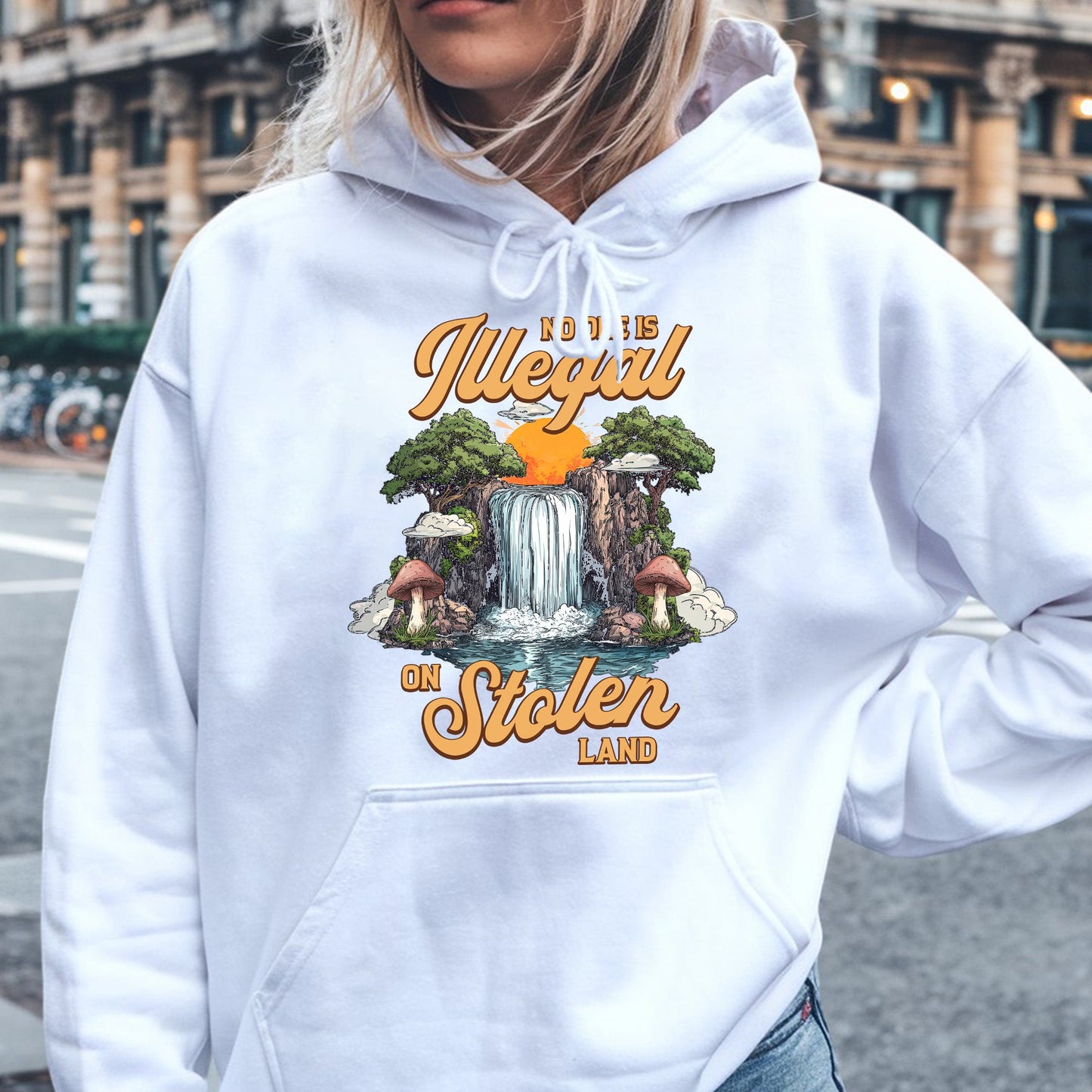 No One Is Illegal On Stolen Land - Waterfall Design Front Print Unisex T-Shirt/T-Shirt V-Neck/Hoodie/Sweatshirt