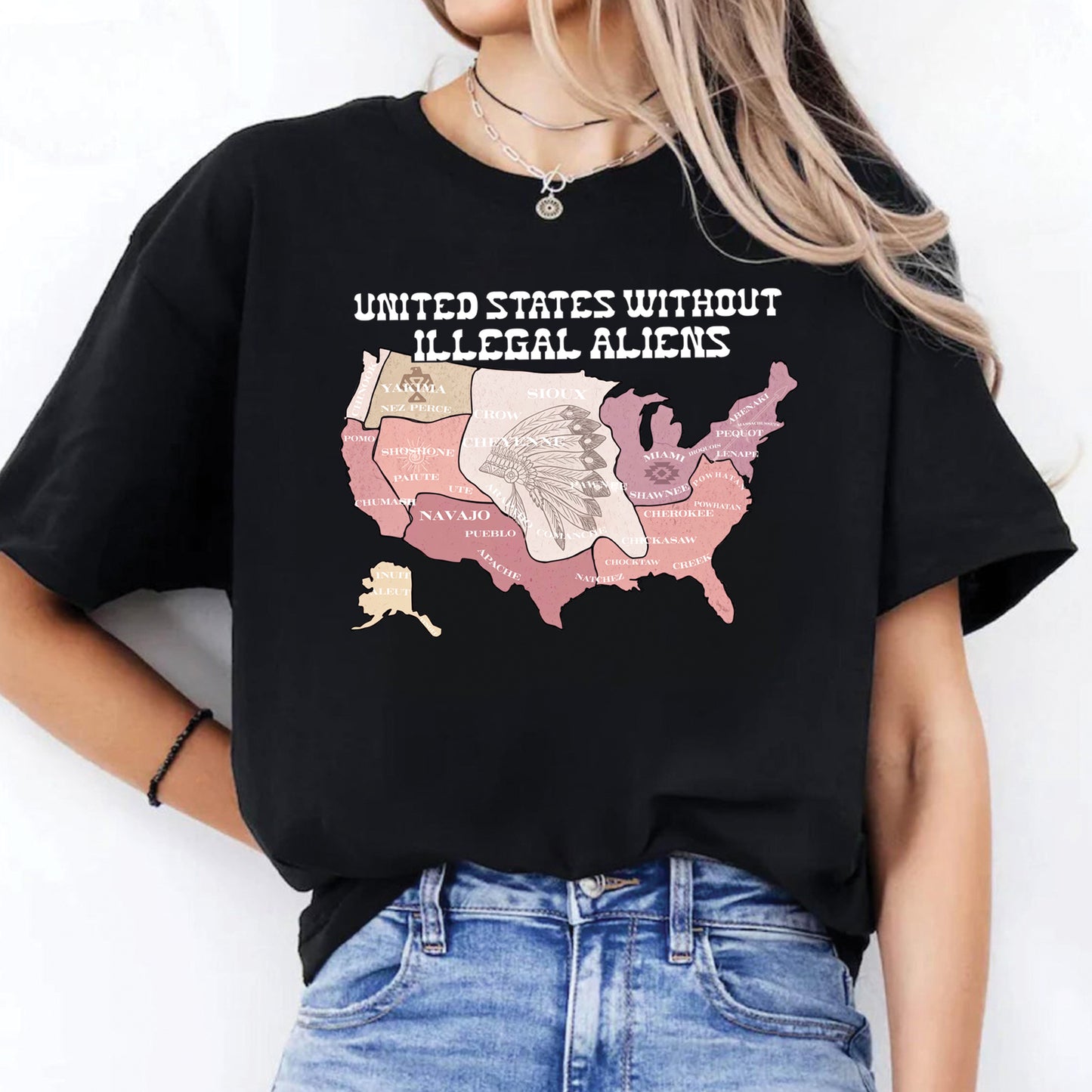United States Without Illegal Aliens - Unisex T-shirt/T-shirt V-Neck/Hoodie/Sweatshirt - NO ONE IS ILLEGAL ON STOLEN LAND