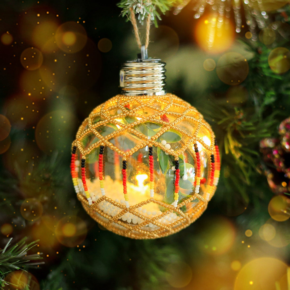 Sparkly Handmade Beaded Ornament with Luminous Lights - Holiday Decor & Gifts