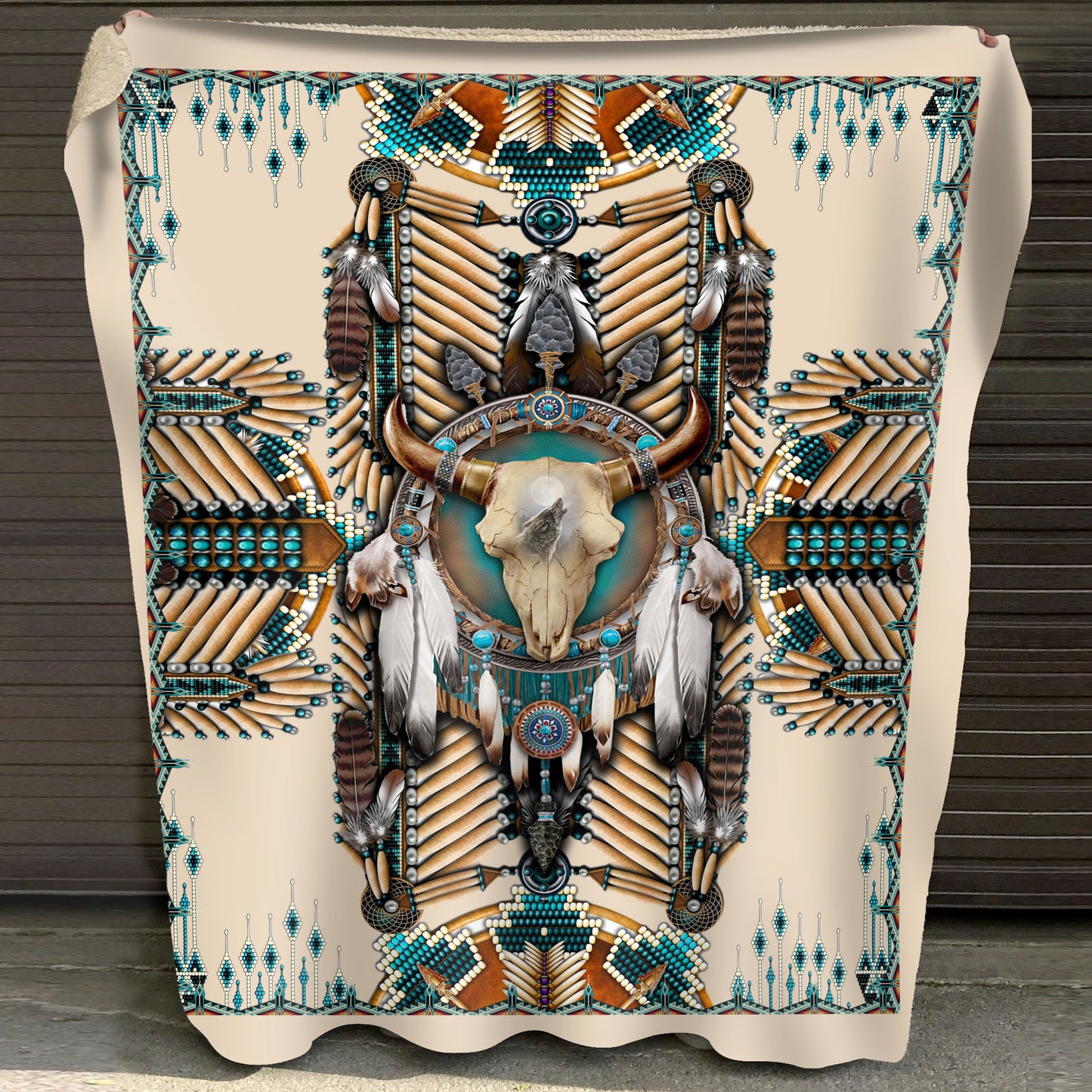 Native American Buffalo Head Motifs Fleece Blanket, Turiquoise Native Indian Pattern Feather Fleece Blanket